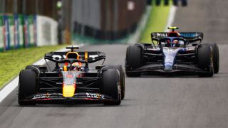 Max Verstappen leads from Nicholas Latifi in the 2022 F1 Brazilian GP on November 13, 2022